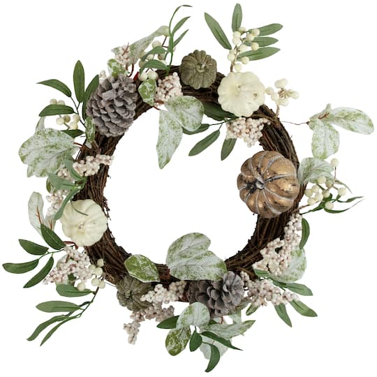20" Pumpkin & Berries with Pinecones Artificial Fall Harvest Twig Wreath